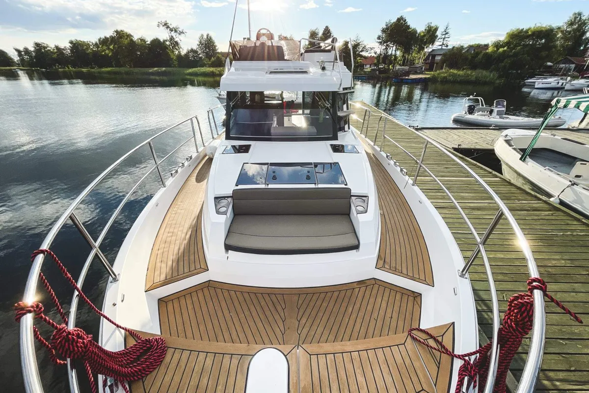 Deck of Sirina, a Northman 1200 motorboat at Sztynort, Poland