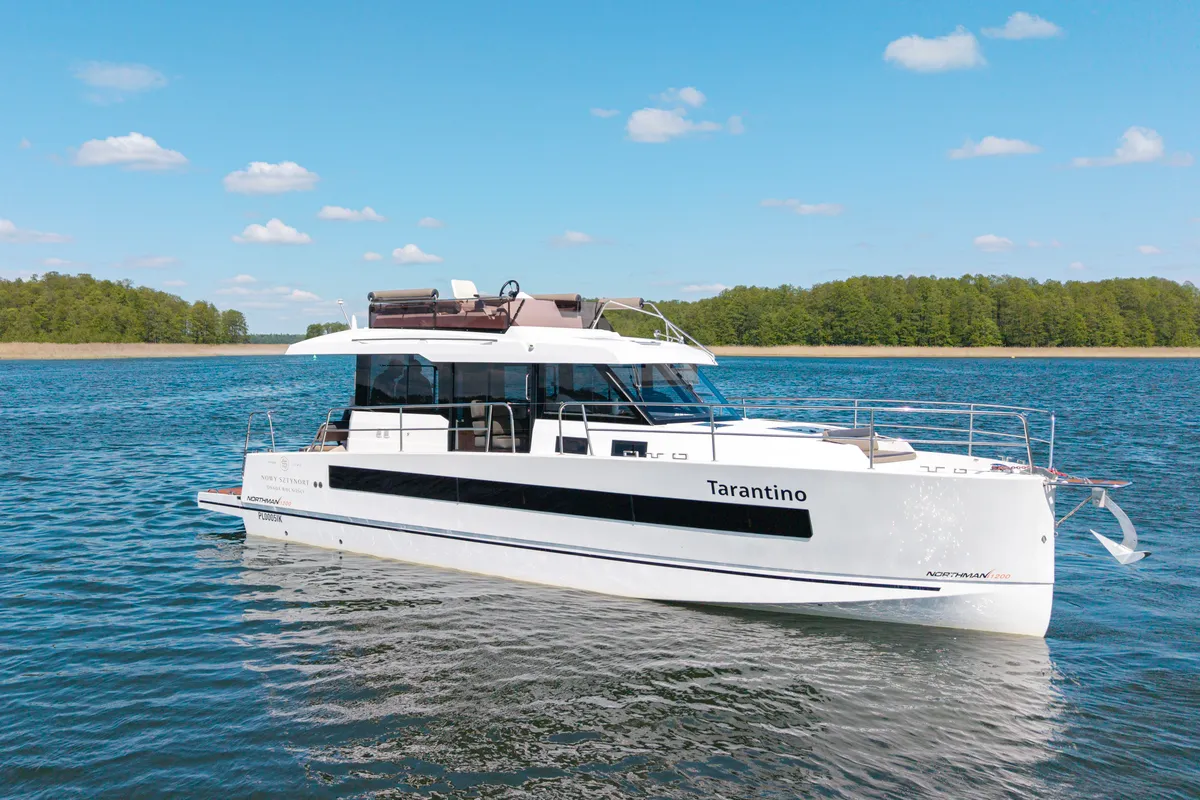 Exterior view of Sirina, a Northman 1200 motorboat at Sztynort, Poland