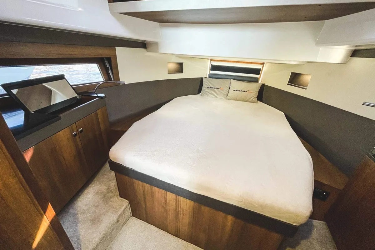 Cabin on Sirina, a Northman 1200 motorboat at Sztynort, Poland