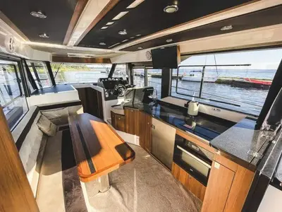 Salon of Sirina, a Northman 1200 motorboat at Sztynort, Poland
