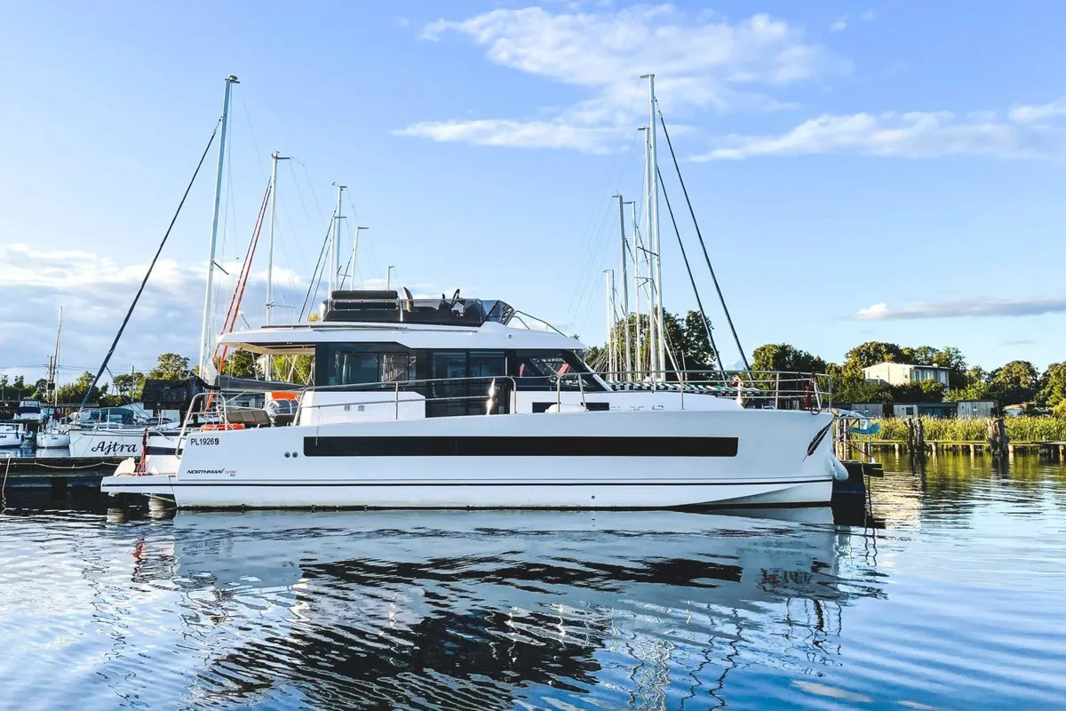 Exterior view of Sirina, a Northman 1200 motorboat at Sztynort, Poland