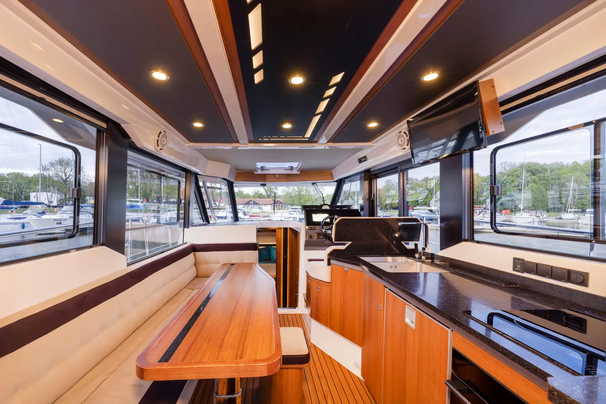 Salon of Sirina, a Northman 1200 motorboat at Sztynort, Poland