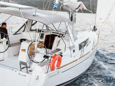Cockpit of Beneteau Oceanis 38.1, a sailboat at Nea Peramos, Greece