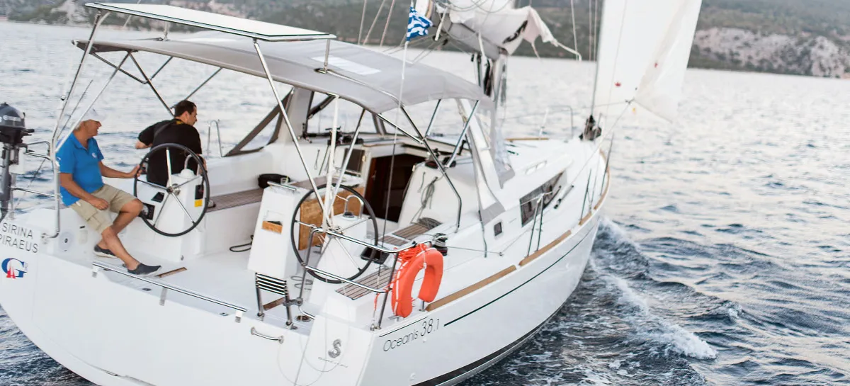Cockpit of Beneteau Oceanis 38.1, a sailboat at Nea Peramos, Greece