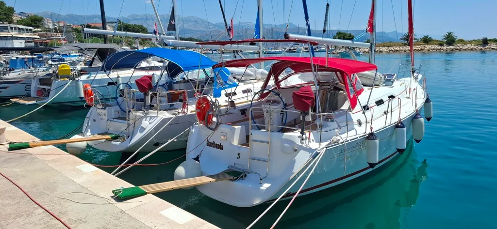 Exterior view of Škuribanda, a Beneteau Oceanis 393 sailboat at Split, Croatia
