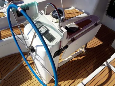 Cockpit of Škuribanda, a Beneteau Oceanis 393 sailboat at Split, Croatia