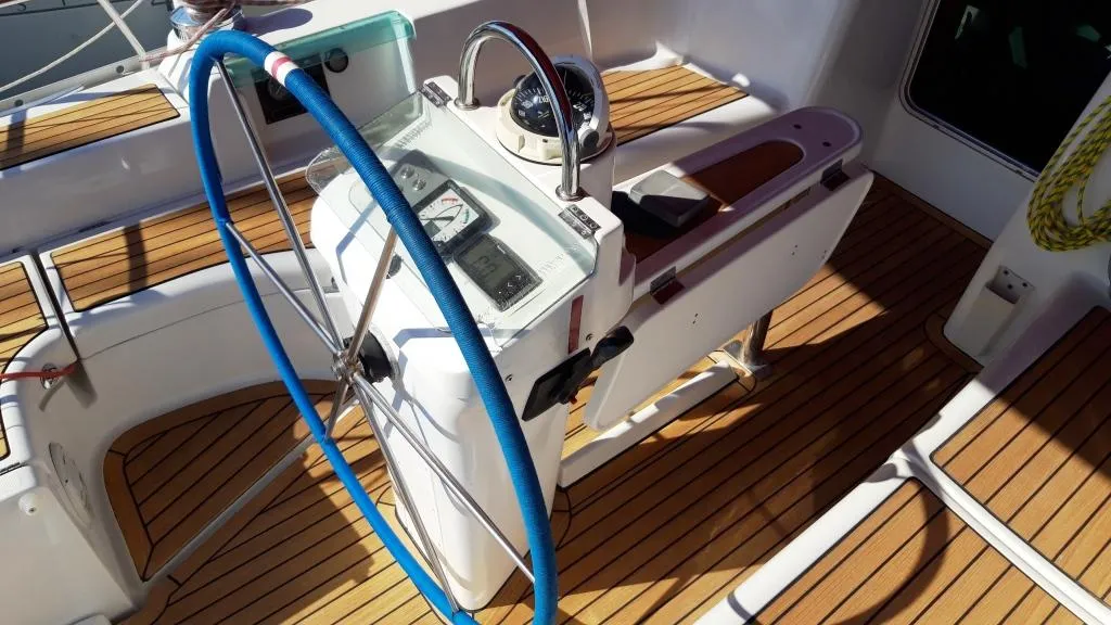 Cockpit of Škuribanda, a Beneteau Oceanis 393 sailboat at Split, Croatia