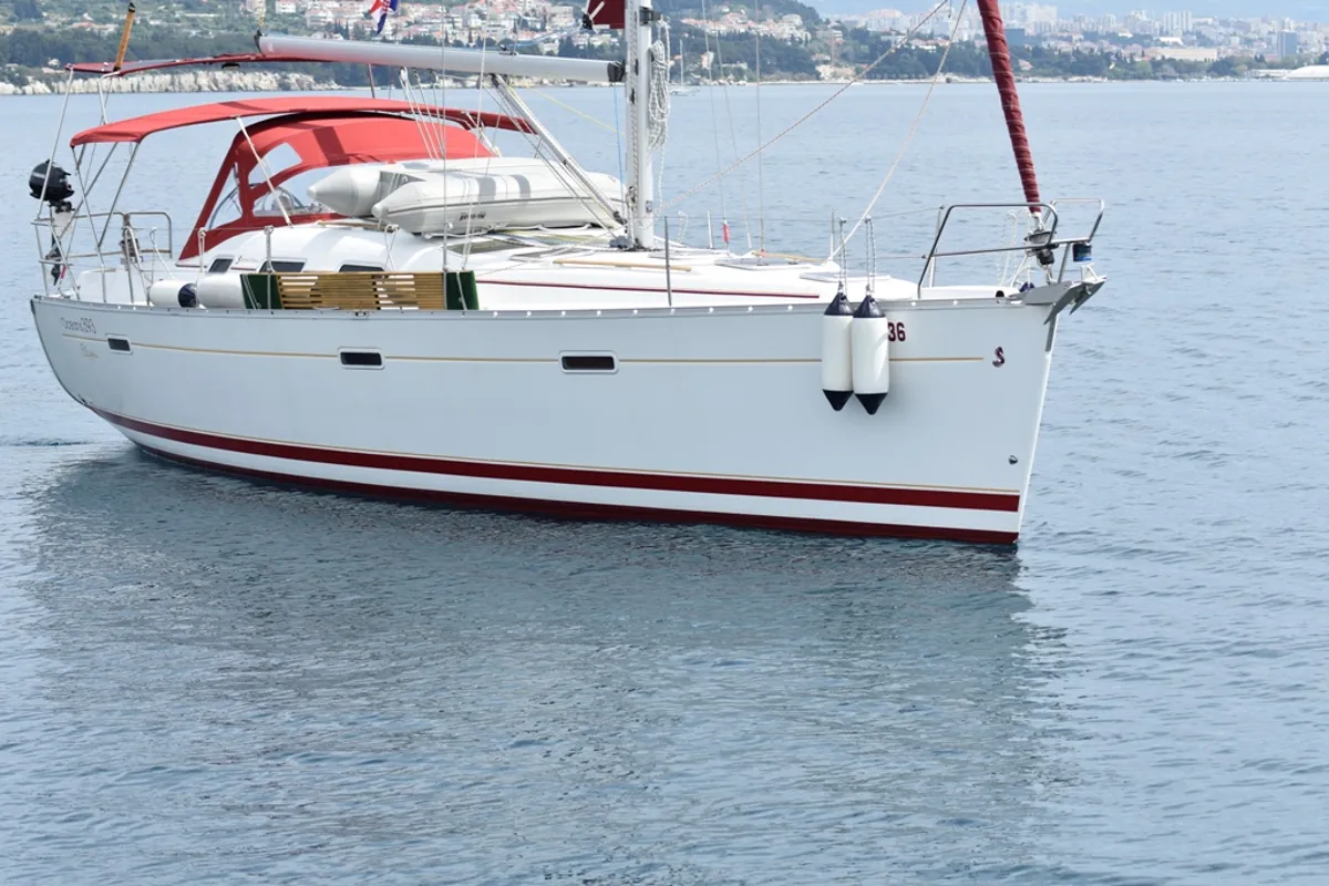 Exterior view of Škuribanda, a Beneteau Oceanis 393 sailboat at Split, Croatia