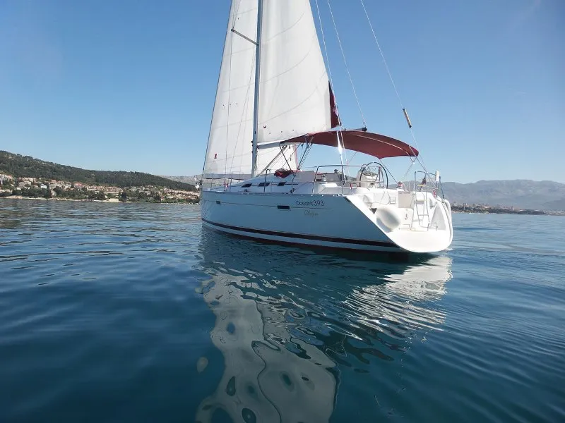 Exterior view of Škuribanda, a Beneteau Oceanis 393 sailboat at Split, Croatia