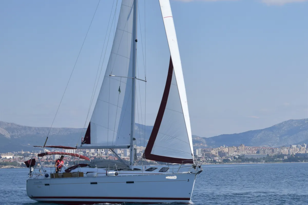 Exterior view of Škuribanda, a Beneteau Oceanis 393 sailboat at Split, Croatia