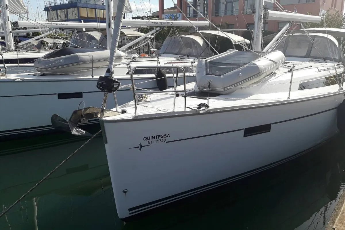 Exterior view of Quintessa, a Bavaria Cruiser 41 sailboat at Municipal Unit of Lefkada, Greece