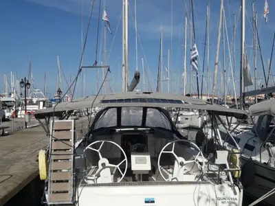 Cockpit of Quintessa, a Bavaria Cruiser 41 sailboat at Municipal Unit of Lefkada, Greece