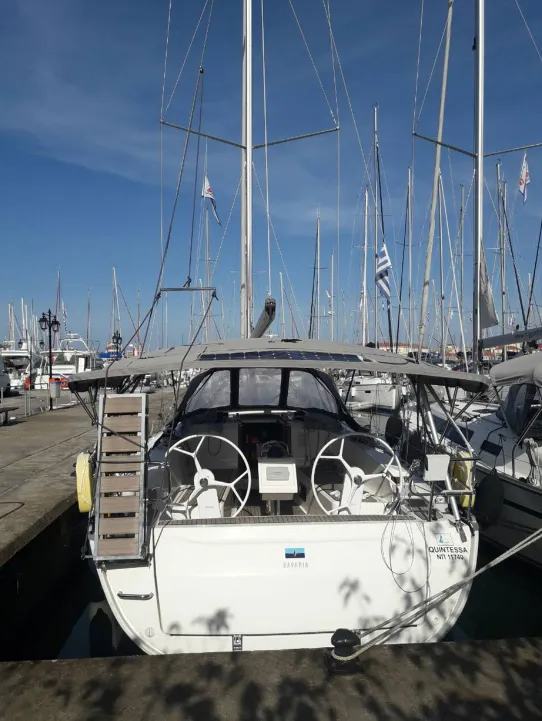 Cockpit of Quintessa, a Bavaria Cruiser 41 sailboat at Municipal Unit of Lefkada, Greece