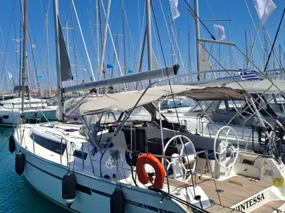 Deck of Quintessa, a Bavaria Cruiser 41 sailboat at Municipal Unit of Lefkada, Greece