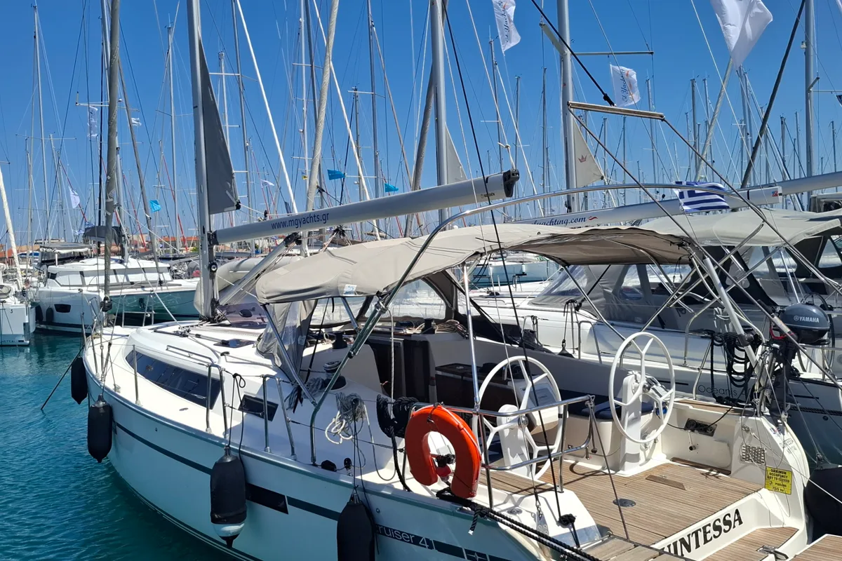 Deck of Quintessa, a Bavaria Cruiser 41 sailboat at Municipal Unit of Lefkada, Greece