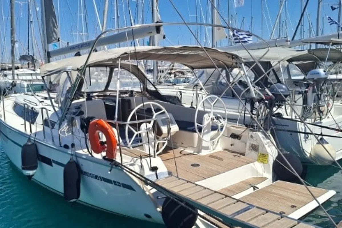 Exterior view of Quintessa, a Bavaria Cruiser 41 sailboat at Municipal Unit of Lefkada, Greece