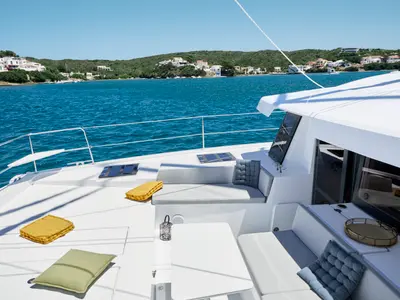 Deck of Esmeralda II, a Bali 4.4 catamaran at Saint-Mandrier-sur-Mer, France