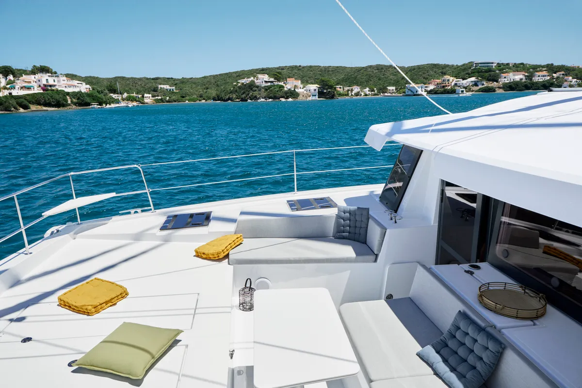 Deck of Esmeralda II, a Bali 4.4 catamaran at Saint-Mandrier-sur-Mer, France