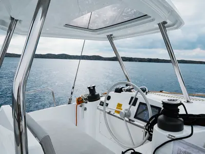 Cockpit of Esmeralda II, a Bali 4.4 catamaran at Saint-Mandrier-sur-Mer, France