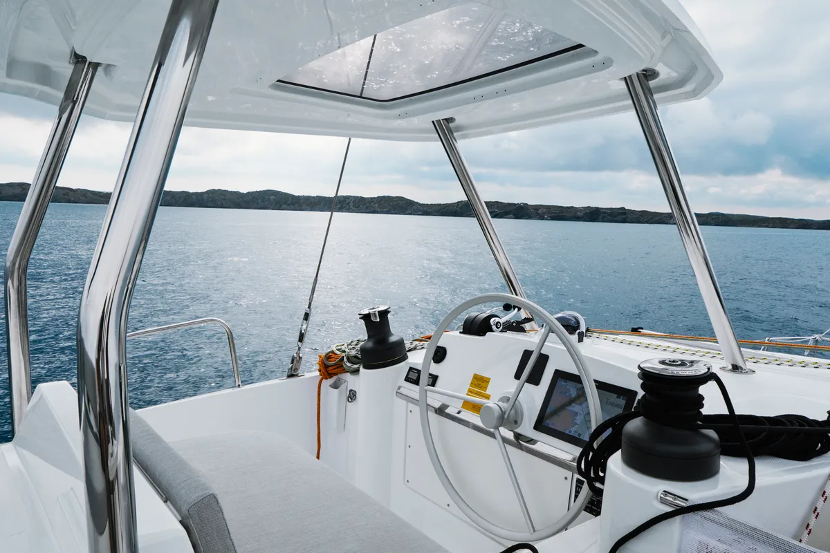 Cockpit of Esmeralda II, a Bali 4.4 catamaran at Saint-Mandrier-sur-Mer, France