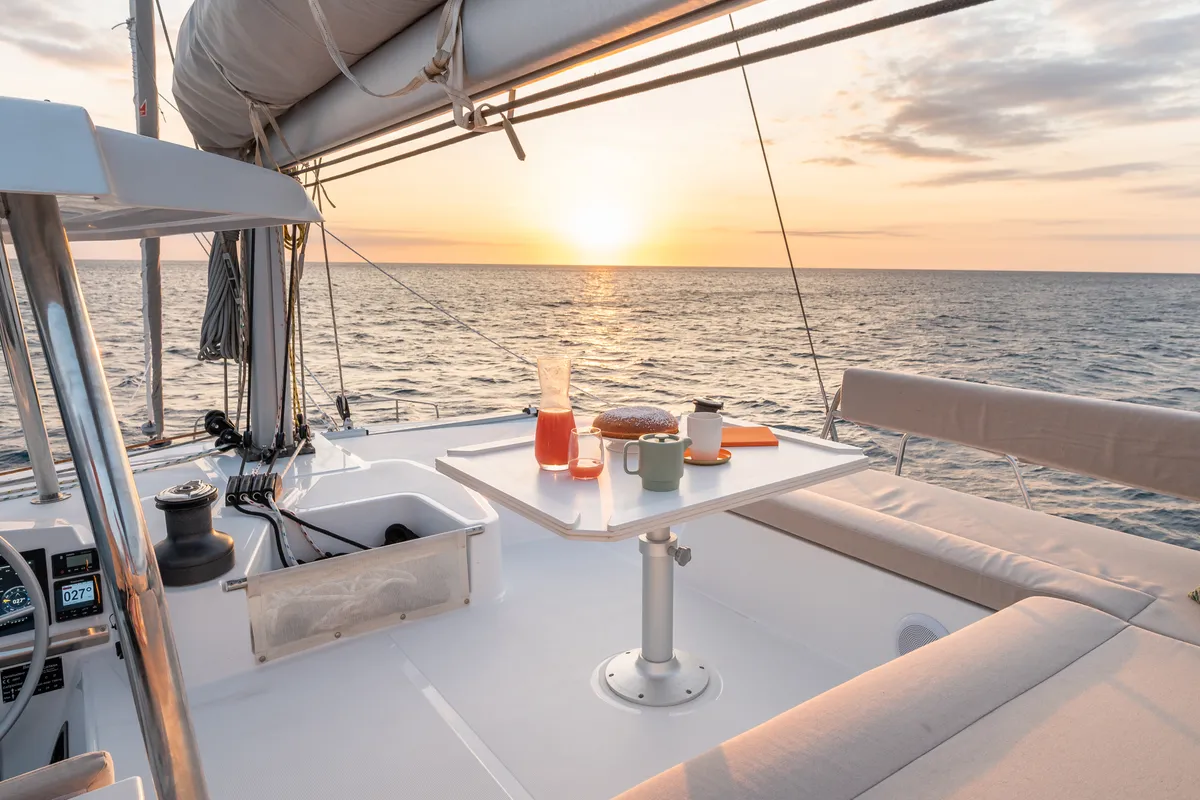 Deck of Esmeralda II, a Bali 4.4 catamaran at Saint-Mandrier-sur-Mer, France