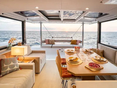 Salon of Esmeralda II, a Bali 4.4 catamaran at Saint-Mandrier-sur-Mer, France