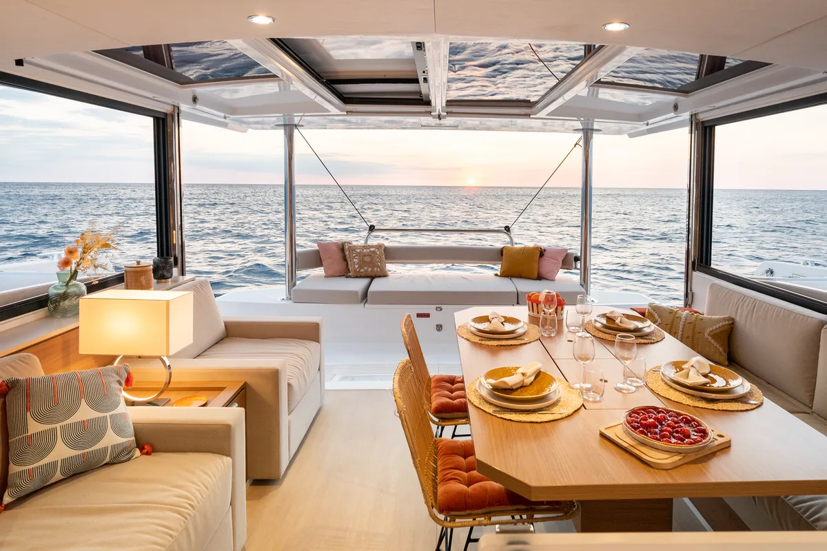 Salon of Esmeralda II, a Bali 4.4 catamaran at Saint-Mandrier-sur-Mer, France