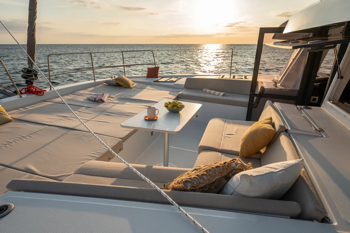 Deck of Esmeralda II, a Bali 4.4 catamaran at Saint-Mandrier-sur-Mer, France