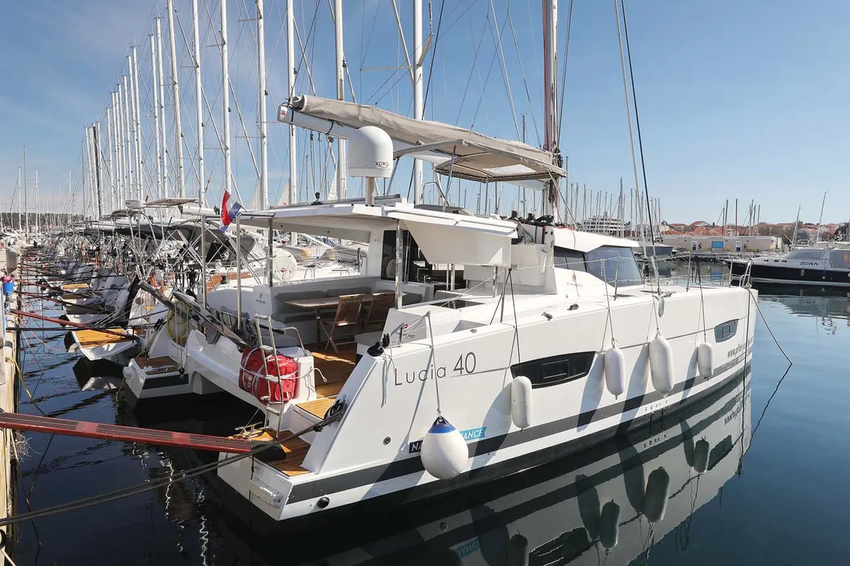 Exterior view of Tu Tamo 2, a Fountaine Pajot Lucia 40 catamaran at Grad Pula, Croatia