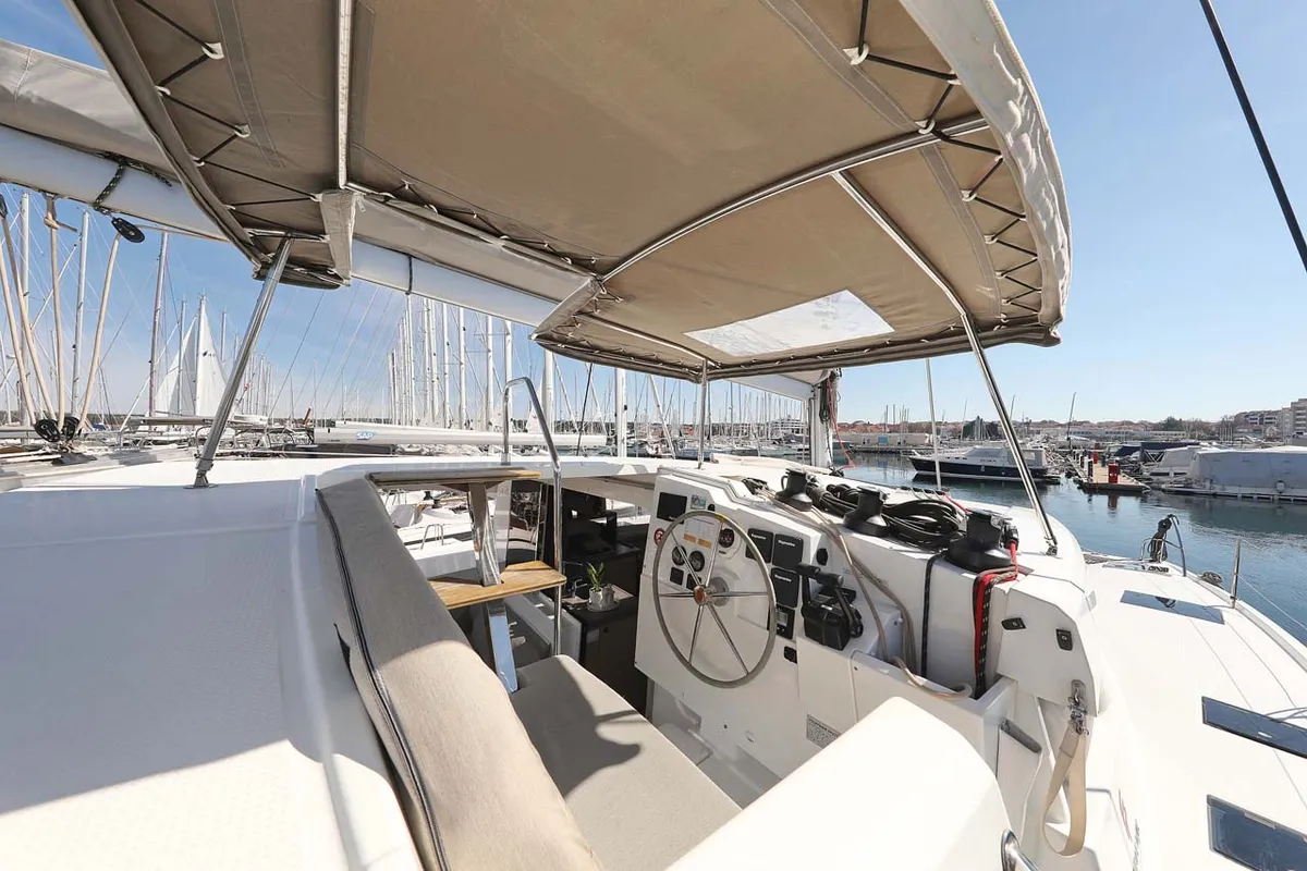Cockpit of Tu Tamo 2, a Fountaine Pajot Lucia 40 catamaran at Grad Pula, Croatia