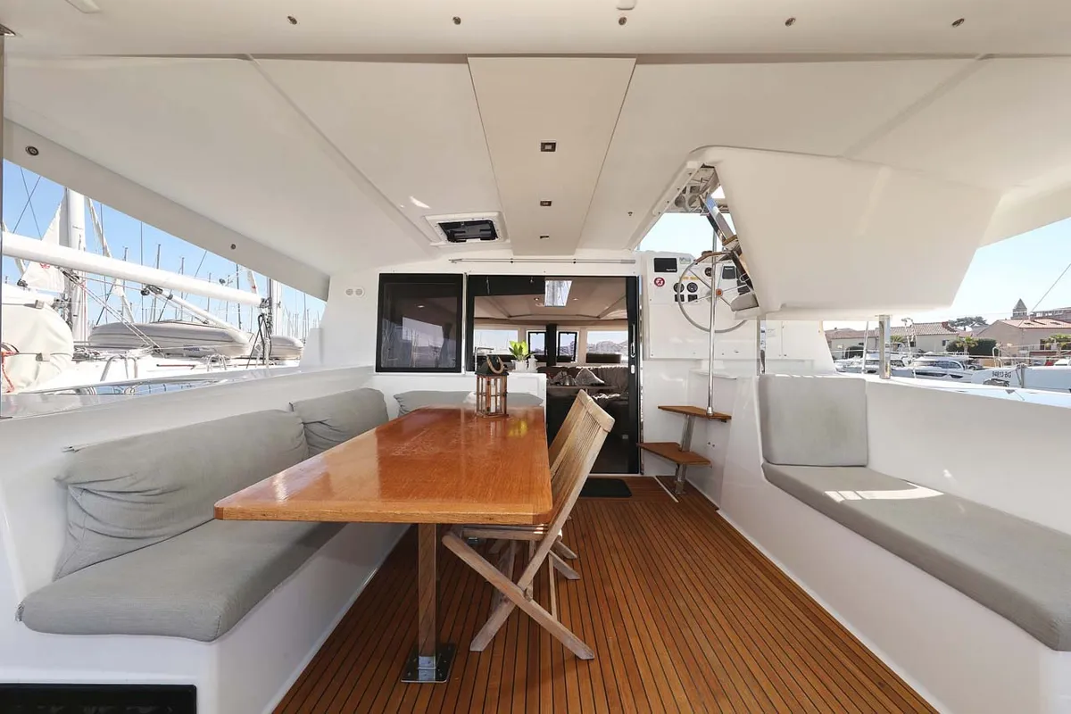 Cockpit of Tu Tamo 2, a Fountaine Pajot Lucia 40 catamaran at Grad Pula, Croatia
