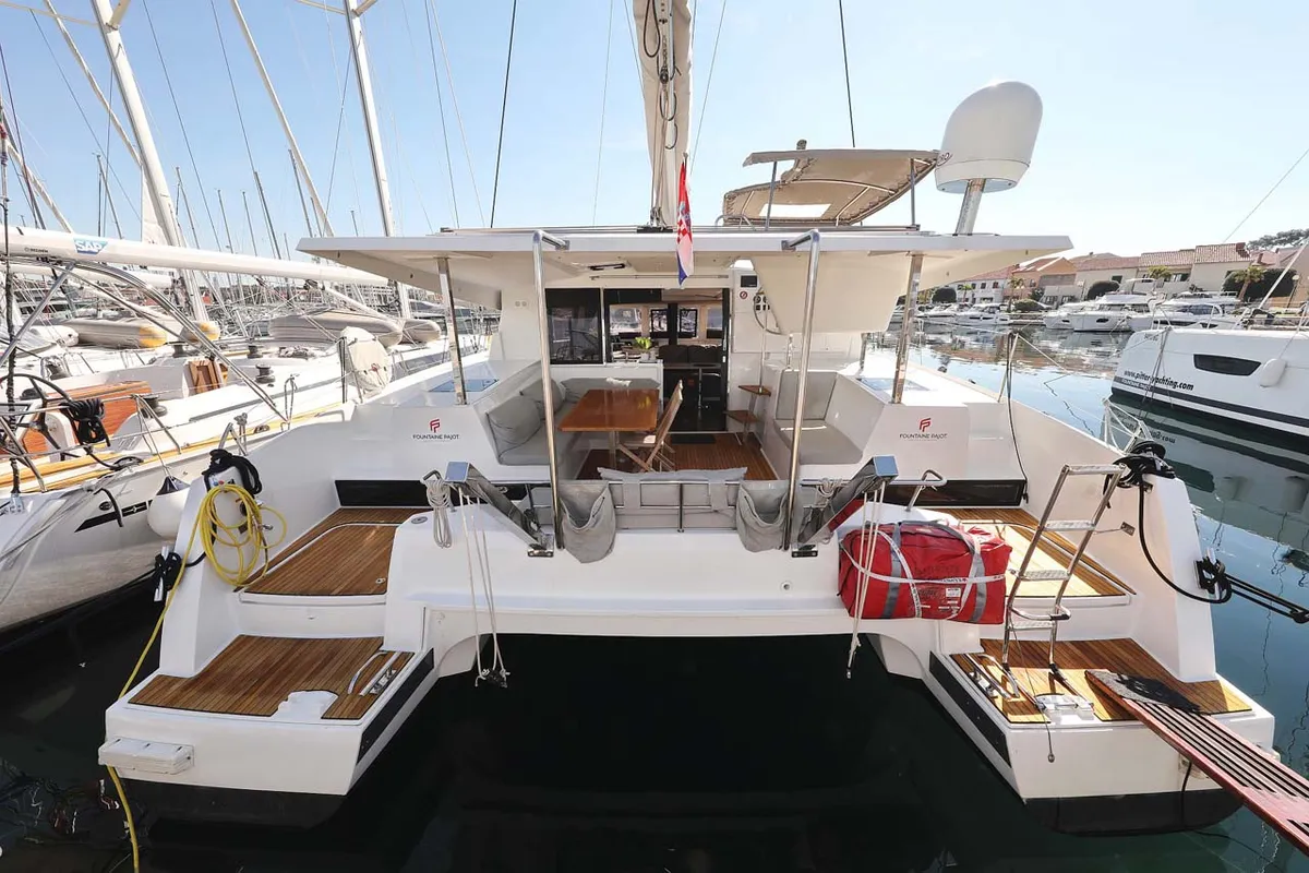 Exterior view of Tu Tamo 2, a Fountaine Pajot Lucia 40 catamaran at Grad Pula, Croatia