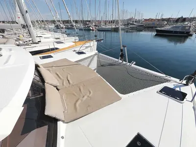 Deck of Tu Tamo 2, a Fountaine Pajot Lucia 40 catamaran at Grad Pula, Croatia