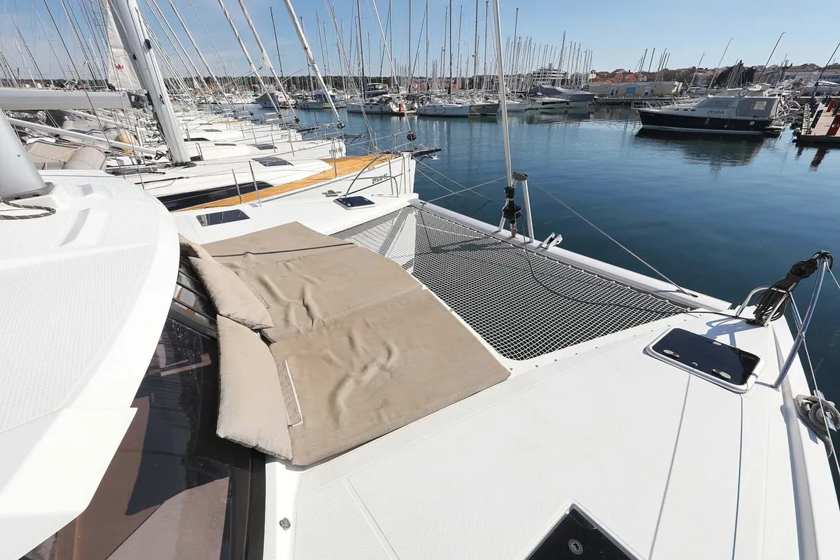 Deck of Tu Tamo 2, a Fountaine Pajot Lucia 40 catamaran at Grad Pula, Croatia