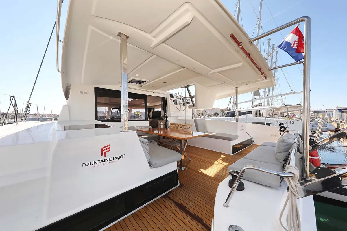 Deck of Tu Tamo 2, a Fountaine Pajot Lucia 40 catamaran at Grad Pula, Croatia