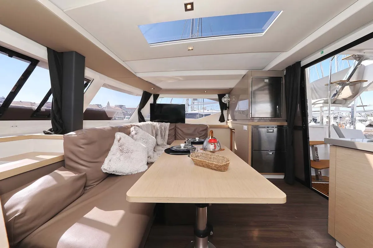 Salon of Tu Tamo 2, a Fountaine Pajot Lucia 40 catamaran at Grad Pula, Croatia