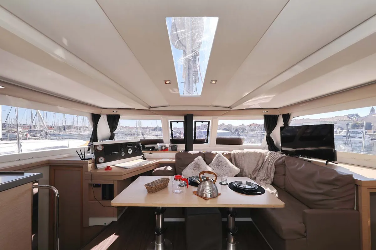 Salon of Tu Tamo 2, a Fountaine Pajot Lucia 40 catamaran at Grad Pula, Croatia