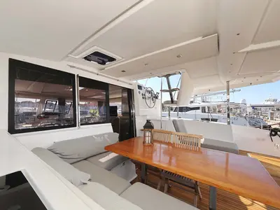 Cockpit of Tu Tamo 2, a Fountaine Pajot Lucia 40 catamaran at Grad Pula, Croatia