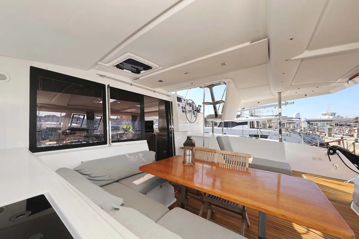 Cockpit of Tu Tamo 2, a Fountaine Pajot Lucia 40 catamaran at Grad Pula, Croatia