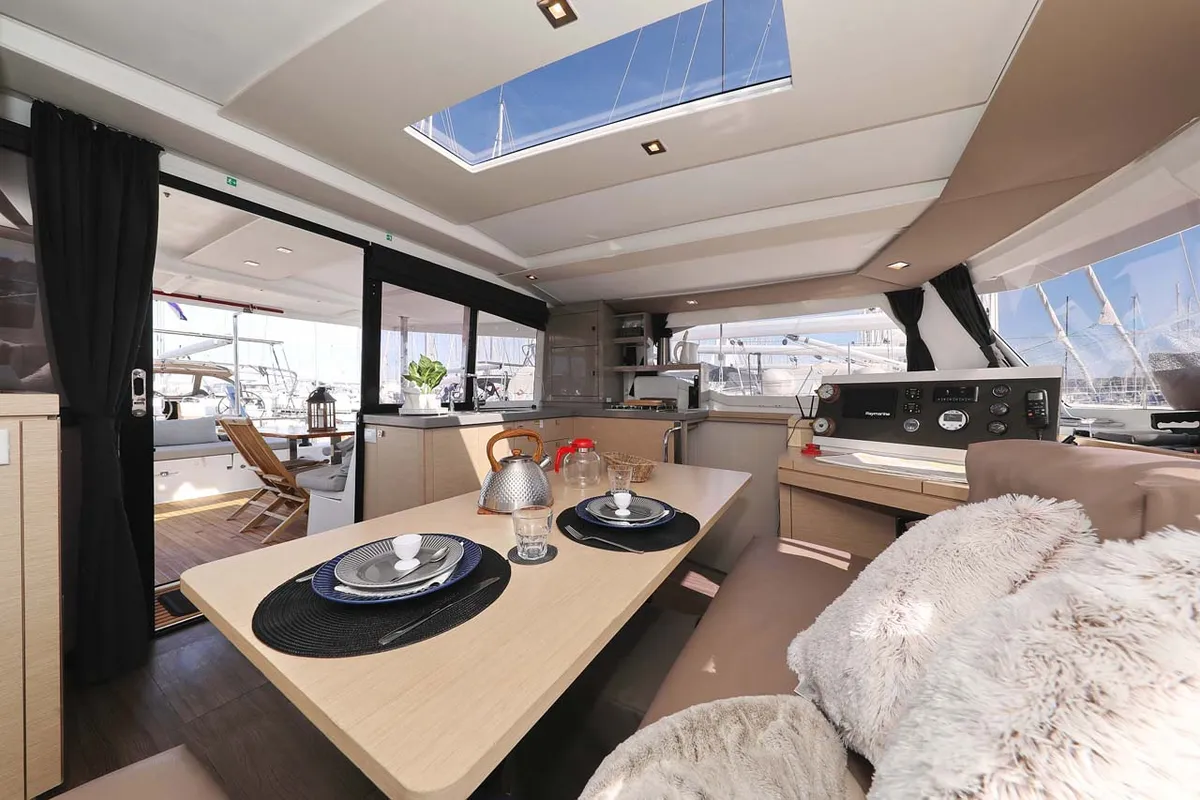 Salon of Tu Tamo 2, a Fountaine Pajot Lucia 40 catamaran at Grad Pula, Croatia
