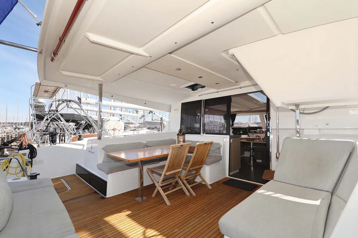 Deck of Tu Tamo 2, a Fountaine Pajot Lucia 40 catamaran at Grad Pula, Croatia