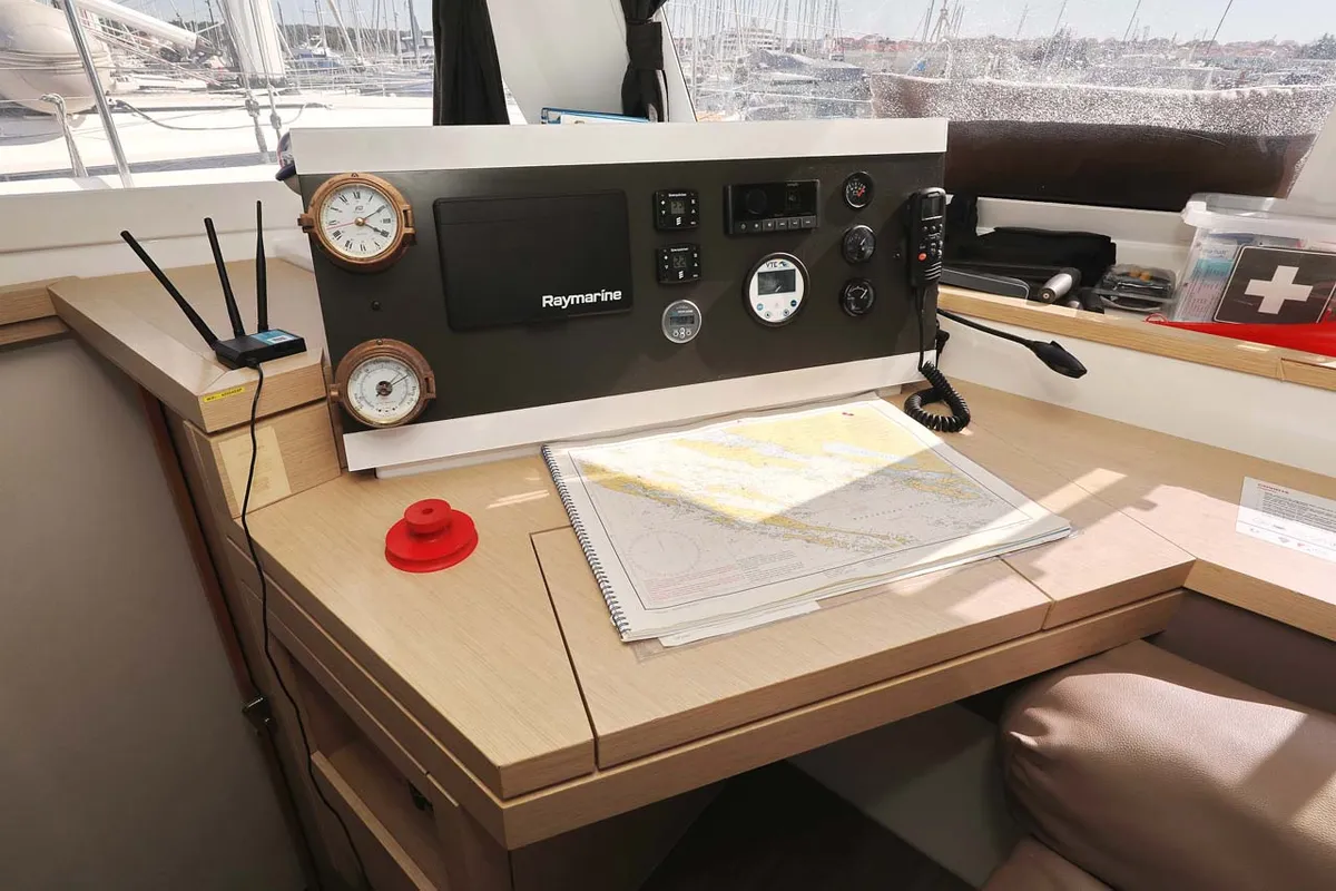 Cockpit of Tu Tamo 2, a Fountaine Pajot Lucia 40 catamaran at Grad Pula, Croatia