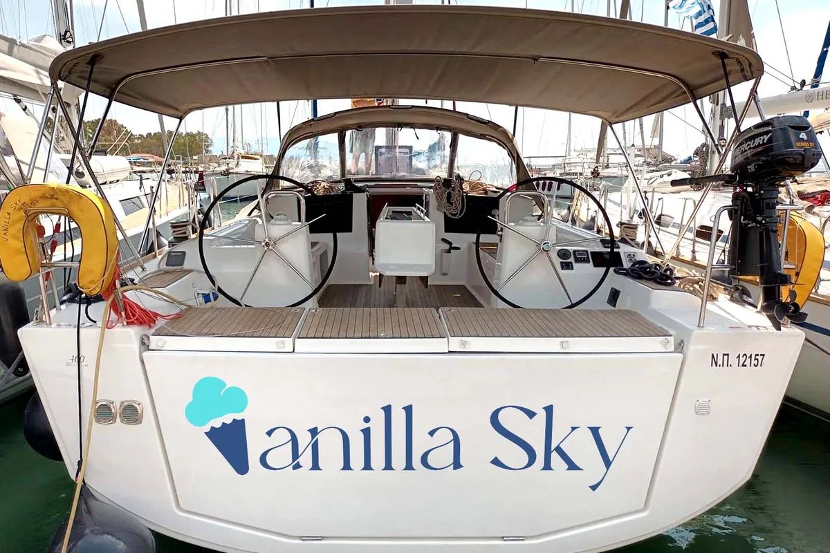 Exterior view of Vanilla Sky, a Dufour 460 GL sailboat at Lavrion, Greece