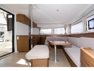 Salon of Marina 4, a Lagoon 42 catamaran at Skiathos, Greece