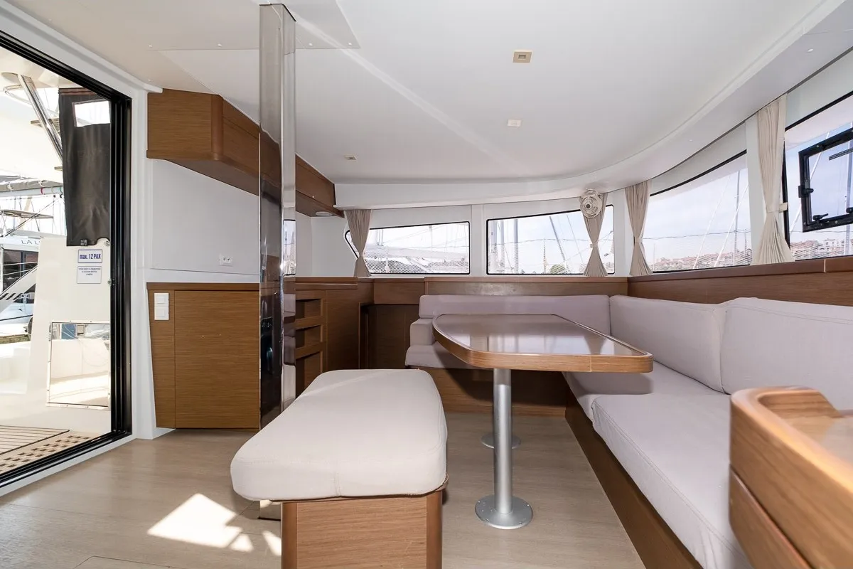 Salon of Marina 4, a Lagoon 42 catamaran at Skiathos, Greece