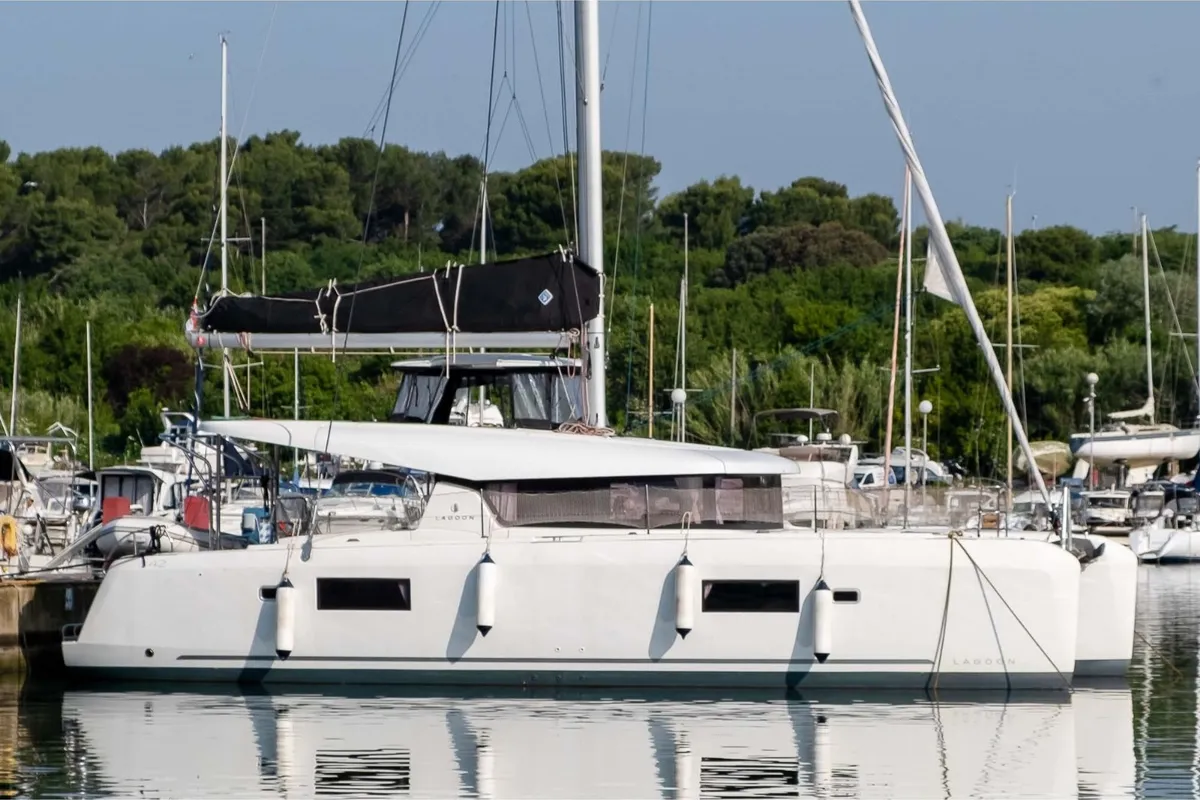 Exterior view of Marina 4, a Lagoon 42 catamaran at Skiathos, Greece