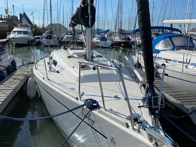 Exterior view of Tomboy, a Dufour 34 sailboat at Nieuwpoort, Belgium