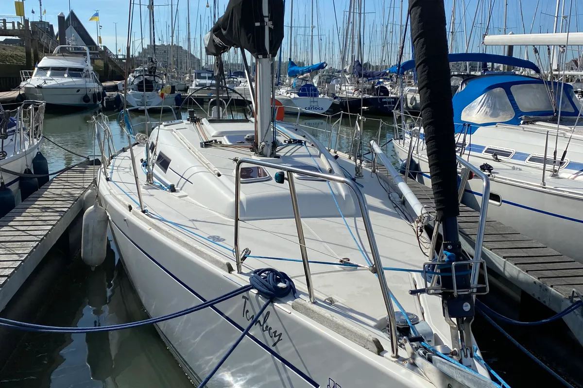 Exterior view of Tomboy, a Dufour 34 sailboat at Nieuwpoort, Belgium