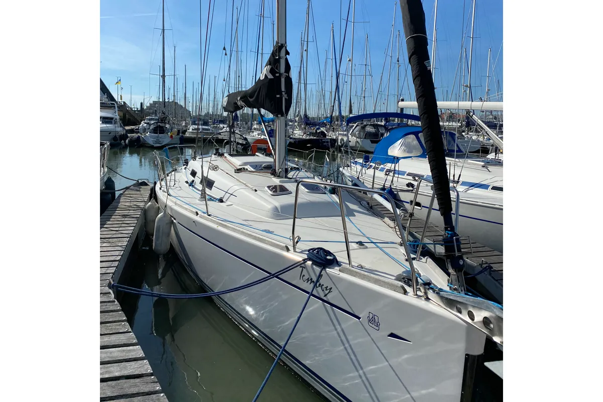 Exterior view of Tomboy, a Dufour 34 sailboat at Nieuwpoort, Belgium