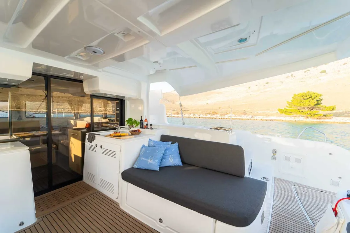 Deck of Forever Young, a Lagoon 46 catamaran at Grad Šibenik, Croatia